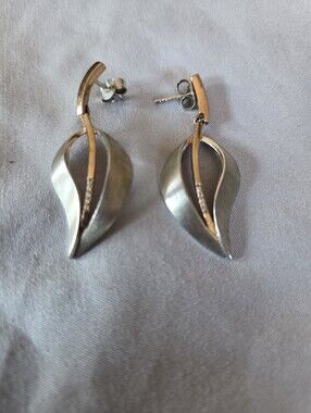Two-Tone Leaf Drop Earrings in Silver and Gold
